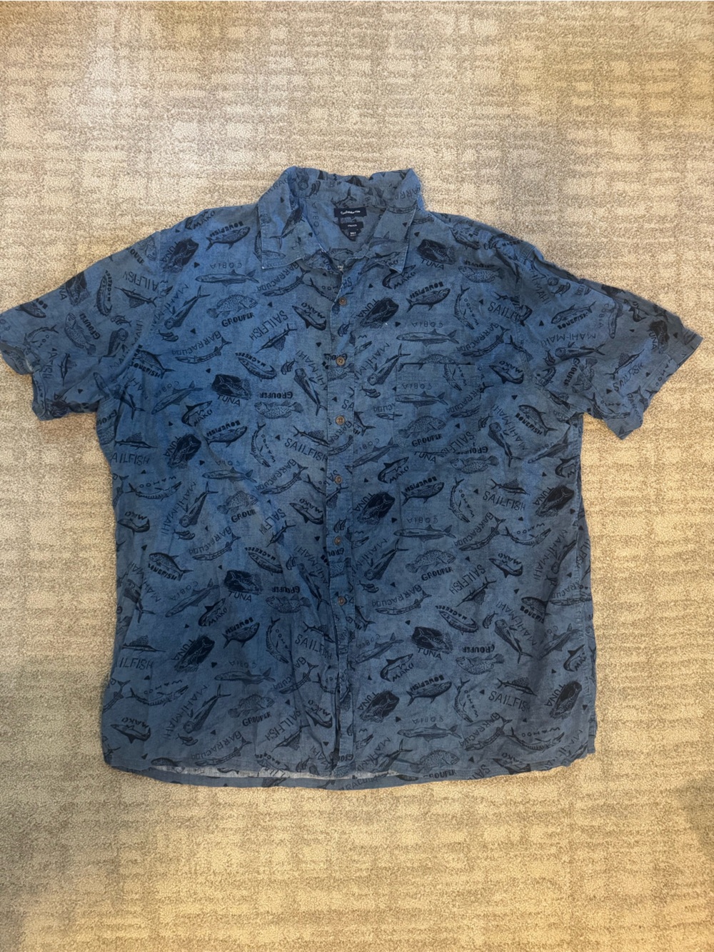 Croft & Borrow Short-Sleeve Blue Fish Button-Up Shirt - Size 3XL